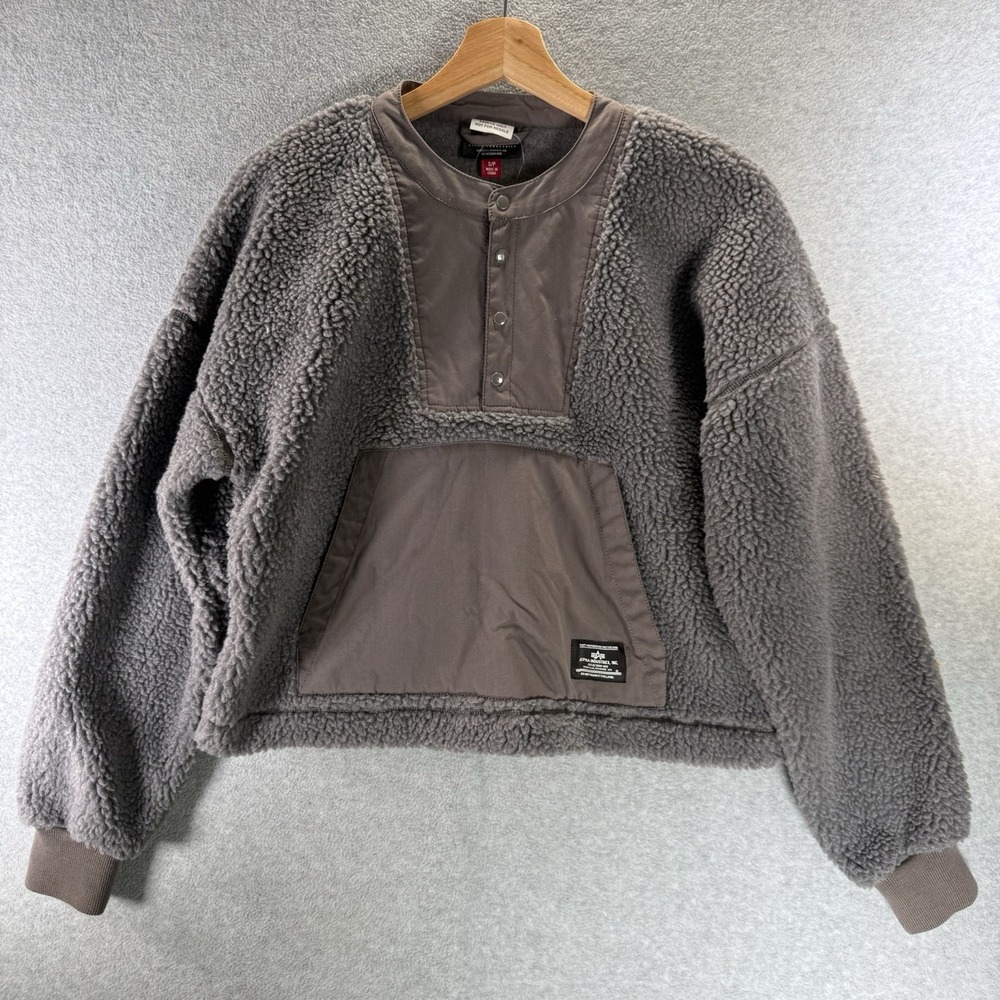 Alpha Industries‎ Sherpa Fleece Pullover Women's Small Gray Teddy Snap Jacket